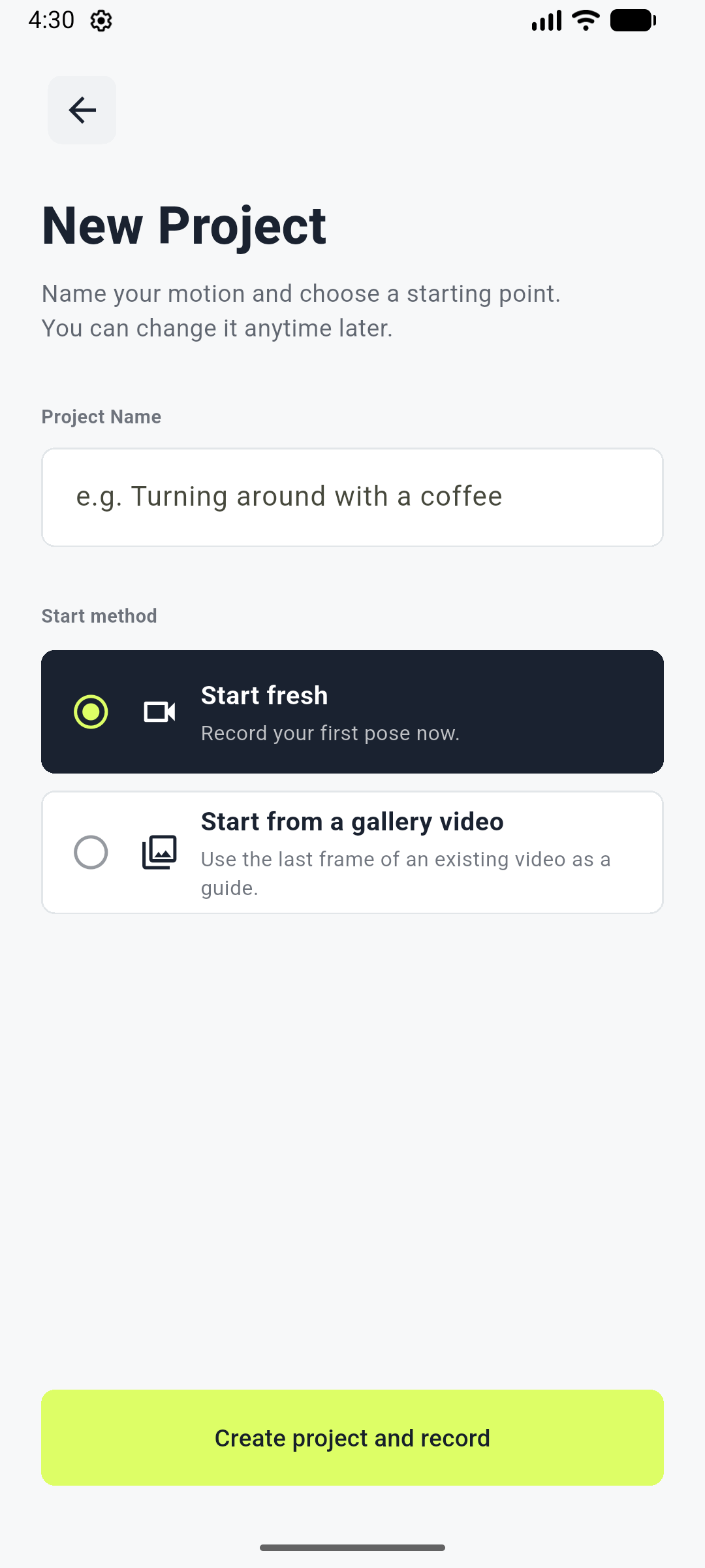 New project screen